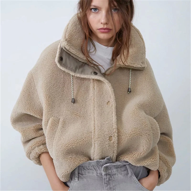 Зимнее женское плотное пальто на молнии, теплая меховая куртка из овечьей шерсти с отложным воротником, Повседневная Верхняя одежда с карманами, верблюжья шерсть, пальто