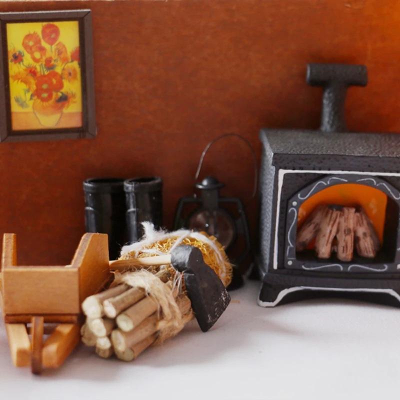 Miniature Ornament 1:12 Dollhouse Miniature Furniture Hoe Straw Bales Firewood Model Decorations Mini Villa House Sofa Kerosene Lamp
