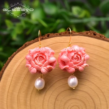 

GLSEEVO Aesthetic Natural Pearl Drop Earrings Red Coral Flower Bridal Earing Engagement Gift Custom Fashion Women Jewelry GE0927