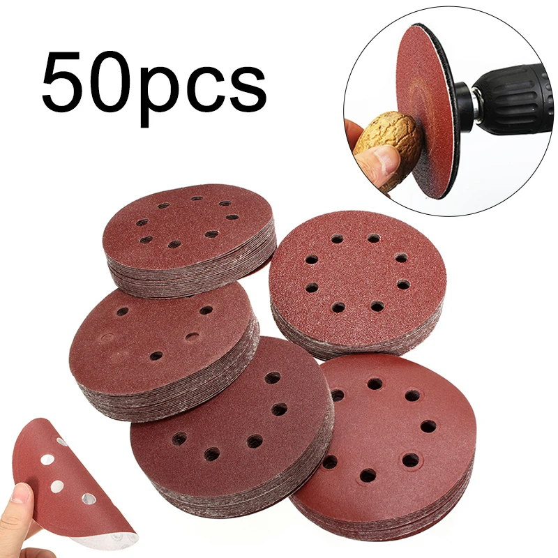 50PCS 5Inch 8 Hole Hook And Loop Round Sanding Disc Sandpaper 60-240 Grit Strong grinding force