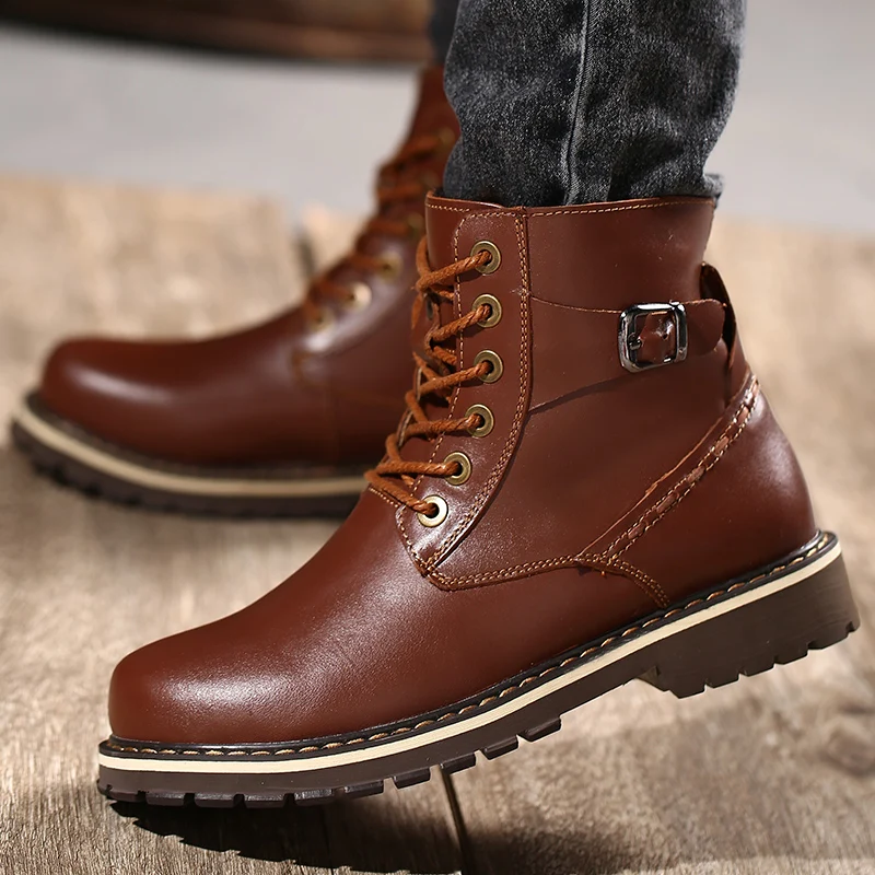 

Classic Mens Ankle Boots outdoor Genuine Leather winter Basic Boots Wingtip Toe Lace Up Zip High Top Men's Shoes big size 49