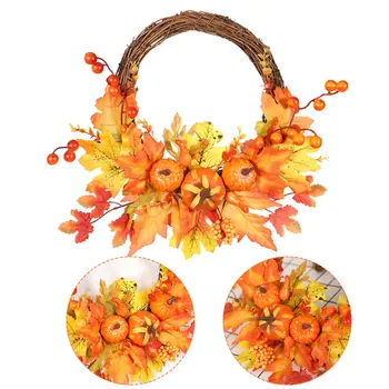 

14 Inch Artificial Fall Rattan Wreath Harvest Thanksgiving Halloween Home Decor for Front Door with Pumpkins Maple Leaf Berry