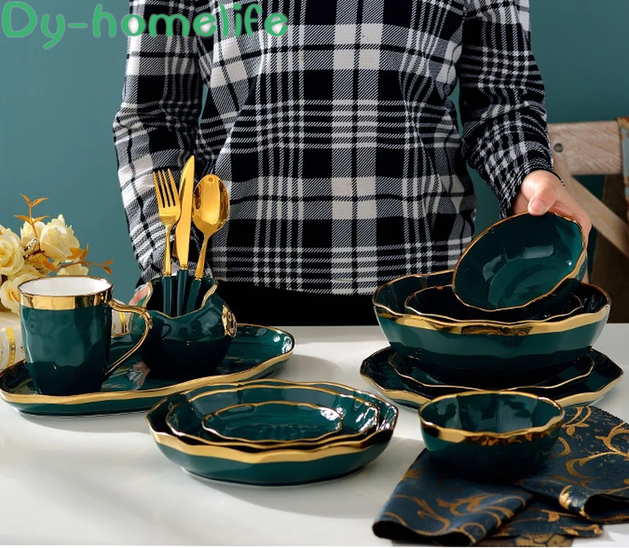 

Nordic Golden Lace Green Ceramic Cutlery Set Restaurant Household Bone Porcelain Retro Multi Size Plate Bowl Cup Spoon Dish