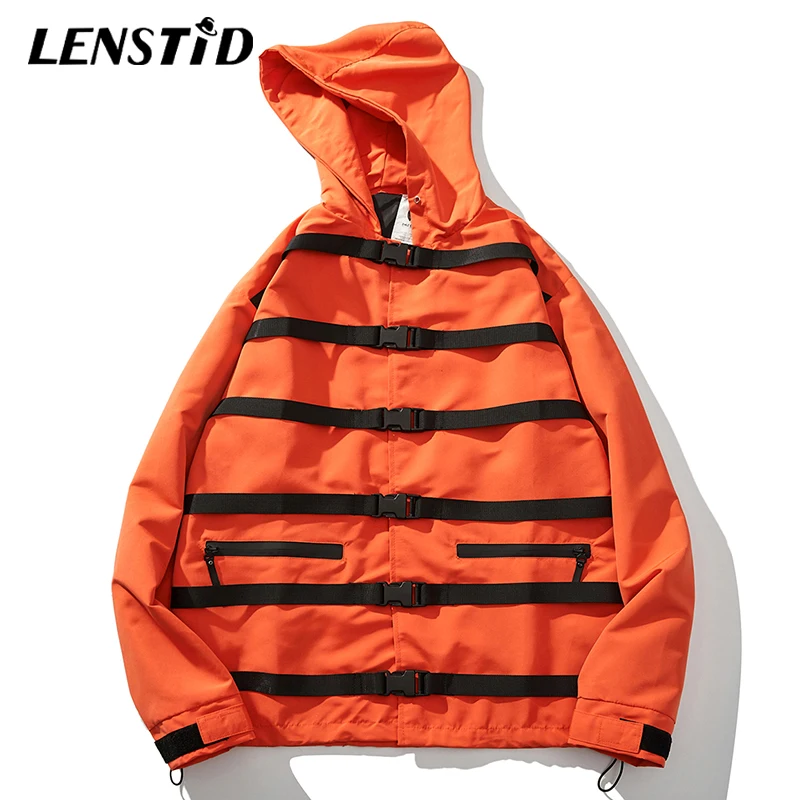 

LENSTID 2019 Autumn Hip Hop Oversized Buckle Ribbons Jacket Windbreaker Men Harajuku Streetwear Hoodie Jackets Zipper Track Coat