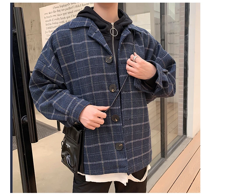 Autumn Woolen Jacket Men's Fashion Retro Casual Woolen Coat Men Streetwear Wild Loose Plaid Jacket Overcoat Male Clothes