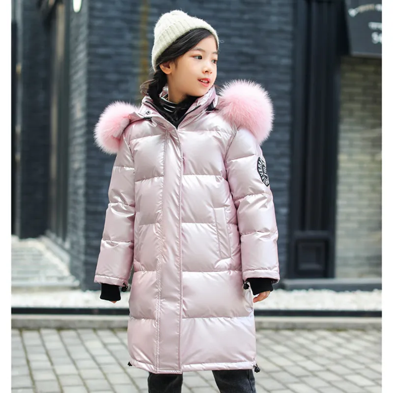 Модные пуховые куртки для девочек Теплые Водонепроницаемые Детские Пуховые парки утепленная верхняя одежда с мехом для подростков на холодную зиму-30 градусов - Цвет: Розовый