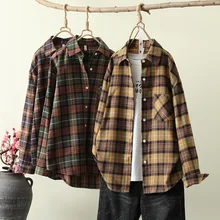 

Lapel Korean Style Plaid Shirts Loose Blouse Women All-match Cute Student Women Clothing Fashion Casual Plaid Women Shirt Jacket