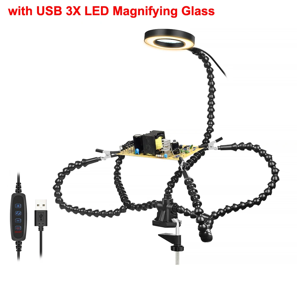 NEWACALOX Desk Clip PCB Soldering Holder 3X Magnifier with LED Light Welding Helping Hand Flexible Arm Soldering Third Hand Tool