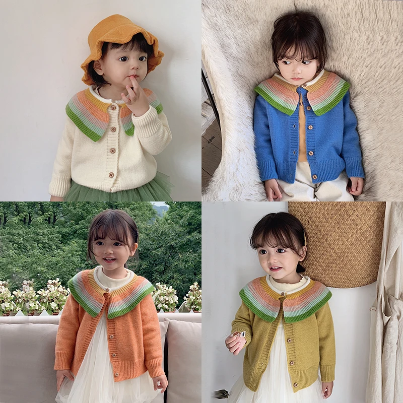 2019 Новинка осени для маленьких девочек длинные рукава теплый свитер, куртка, детское красивое вечернее платье, радуга, вязаная куртка для