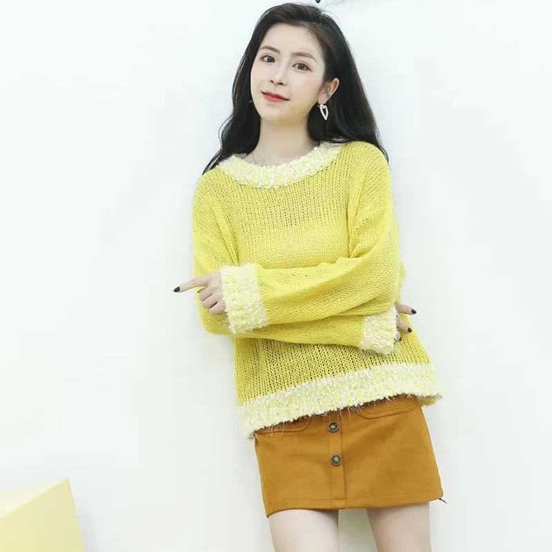 

Loose Autumn Thin Pullover Tops Women Knitted Long Sleeve Casual Pull Jumper Ladies O-Neck Yellow Pullovers and Sweaters Female