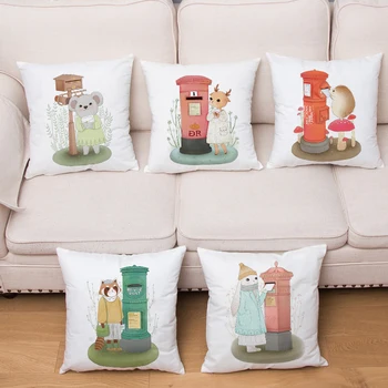 

Soft Short Plush Pillow Cover Cartoon Fox Polar Bear Rabbit Send a Letter Print Cushion Case for Sofa Home Decor Pillowcase