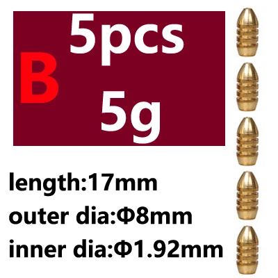 5pcs Saltwater Fishing Bullet Shape Copper Weights Metal Jig Head Deep Water Sinkers For Hook Lure Texas Rig Tackle Accessories - Цвет: 5pcs B type 5g