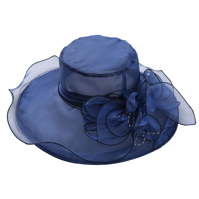 Белая свадебная шляпа для невесты, женская элегантная Кепка с оборками и широкими полями, Цветочная органза, Кентукки, Дерби, церковные вечерние Кепка, большая летняя шляпа от солнца - Цвет: Navy Blue