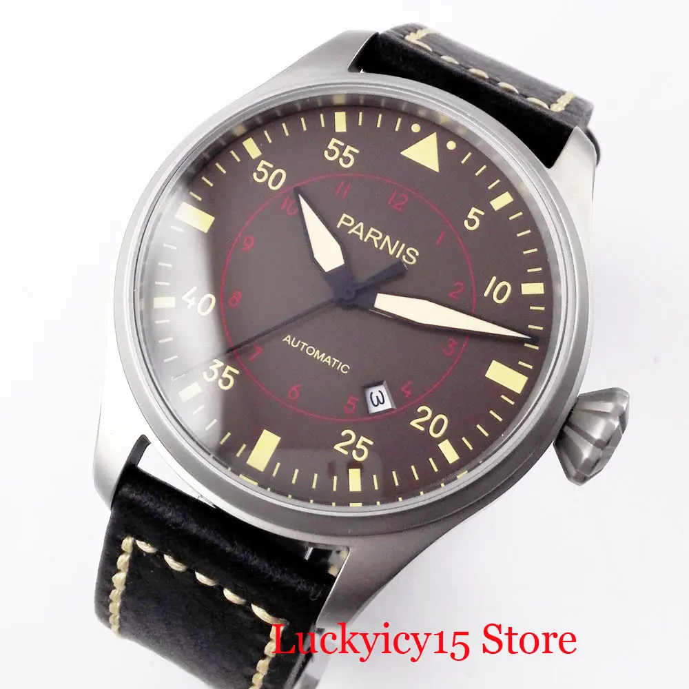 

PARNIS 47mm Men Watch Automatic Wristwatch Date Function Brushed Case Leather Strap