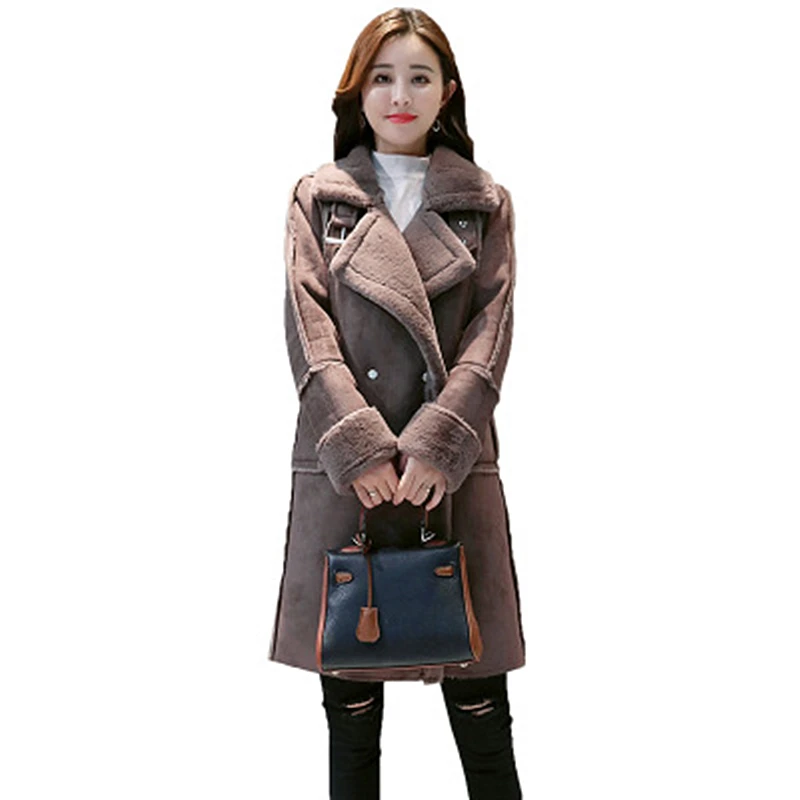 Осеннее женское замшевое зимнее пальто с мехом Новое модное плотное длинное пальто из искусственной овчины женский однотонный теплый плащ K072