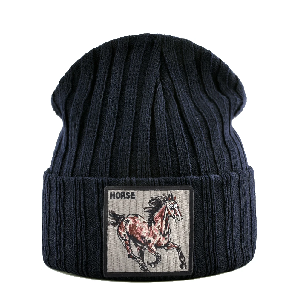 Neue Skullies Mützen Mit Pferd Stickerei Patch Gestrickte Einfarbig Hüte Für Männer Frauen Outdoor Streetwear Motorhaube Kappe Jungen Hut – Detail 8