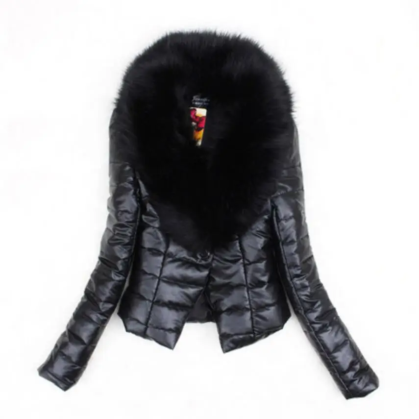 

2019 Big Fur Collar Women PU Leather Jacket autumn Winter Plus Size 3XL Autumn Cotton Coat Slim padded Jacket r1641