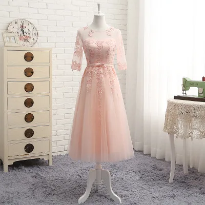 Pink M-Long Элегантные розовые серые кружевные аппликации тюлевые Платья для подружек невесты Половина рукава открытая спина Формальные Свадебные вечерние платья - Цвет: Pink M-Long
