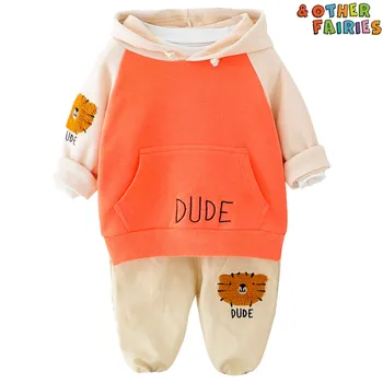 

New baby boy's clothes two-piece cotton suit children's suit hooded sweater letter printing cartoon cat casual sports baby suit