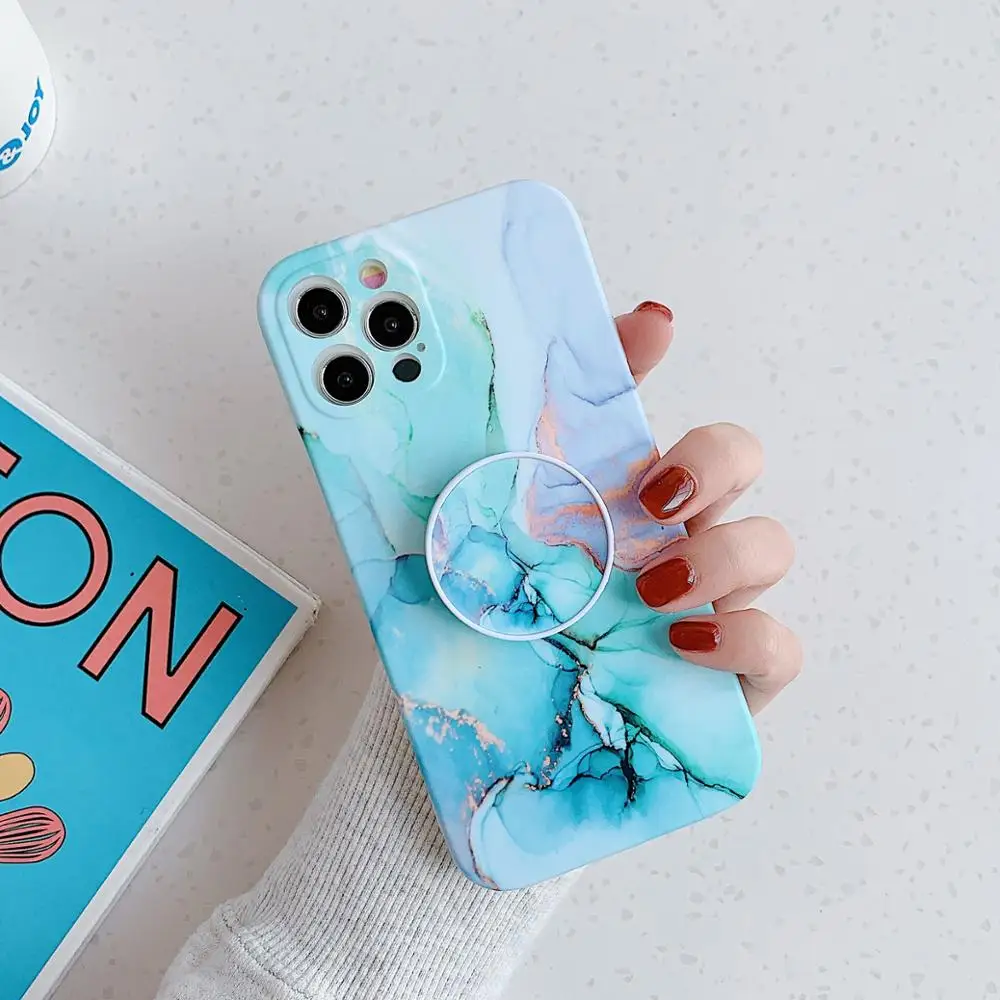 Чехол подставка с градиентным фиолетовым мрамором для телефона iPhone 12 Mini 11 Pro Max XR X