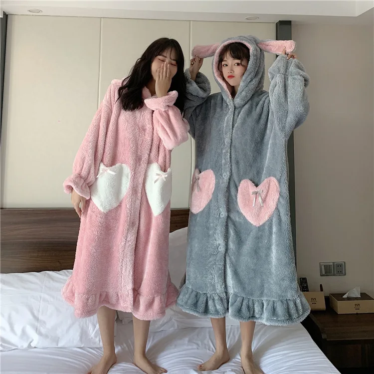 

Photo Shoot 2019 Japanese-style Cute Rabbit Eared Flounced Heart Pocket Loose-Fit Coral Velvet Night-robe
