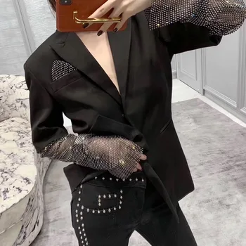 

2020 Spring New Women Blazer Beading Sleeve See Through V Neck Women Blazers Jackets Fashion Vintage Suit Coats LT890S30