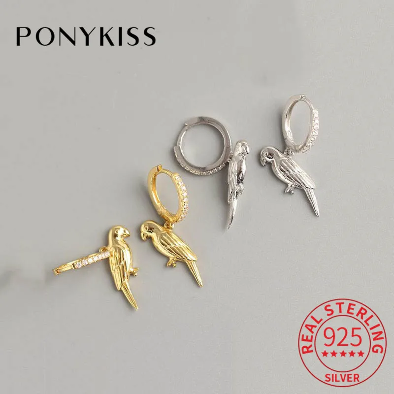 Женские серьги кольца с попугаем PONYKISS геометрические из настоящего серебра 925