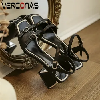 

VERCONAS Summer Women Sandals Women Pumps Genuine Leather Metal Decoration Casual Shoes Square Toe Sqaure High Heel Shoes Woman