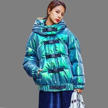 

Women Winter Hooded Wadded Cotton Coat Laser Bright Surface Parka Female Thick Warm Casual Plus Size Long Sleeve Jacket Female