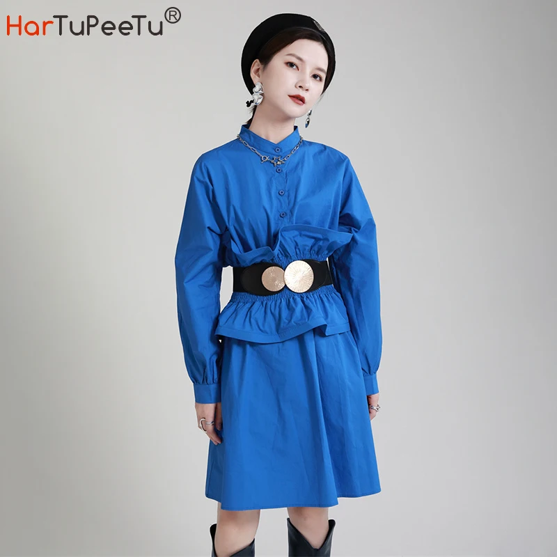 

Women Dress Knee Length Long Sleeve Vestido Autumn Ruffles Elastic Tunic High Waist Spring Fall Blouse Dresses for Party Work