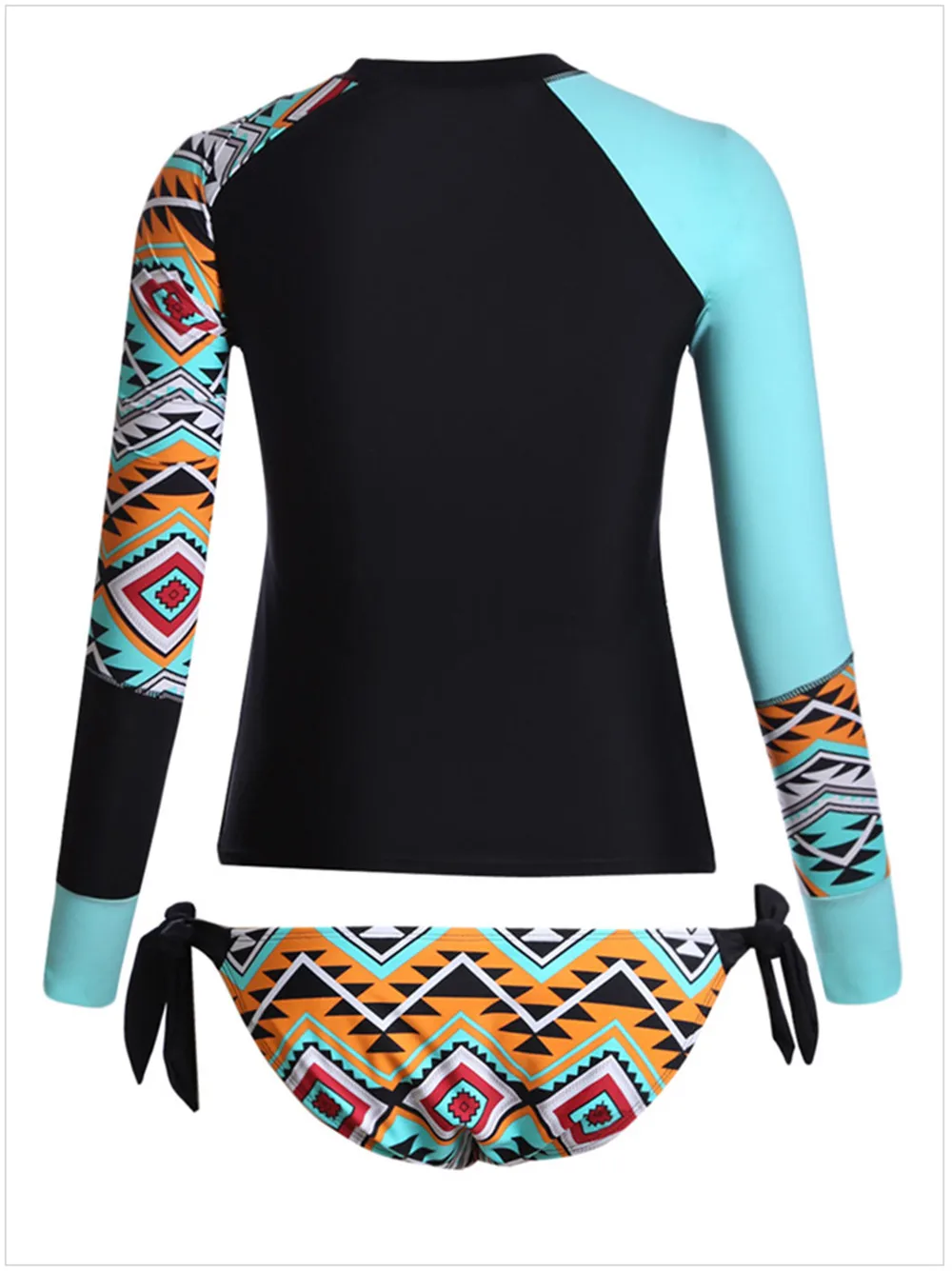 2020 Womens Long Sleeve Rashguard Geometric Print Shirt Side Ties Color Block Two Piece Tankini Swimsuit 410485 (6)