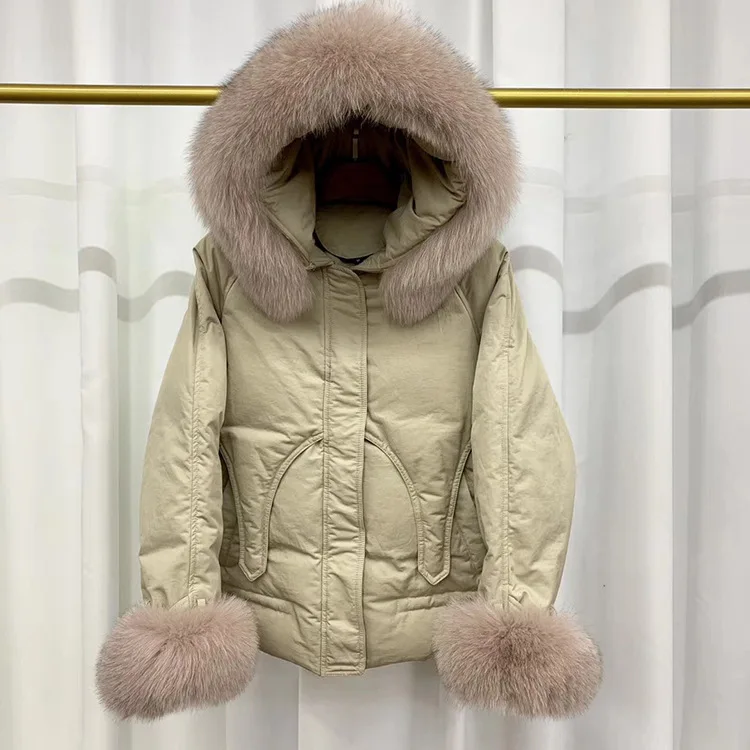 Light Khaki Schinteon/куртка-пуховик на утином пуху с натуральным мехом, зимняя теплая верхняя одежда, свободное повседневное пальто с капюшоном, новинка года, большой воротник из лисьего меха - Цвет: Light Khaki