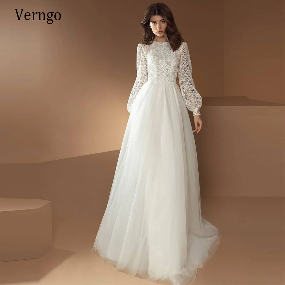 

Verngo Vintage Lace And Tulle A Line Boho Wedding Dress Long Puff Sleeves Jewel Neck Elegant Bride Gowns 2024 Robe de mariee