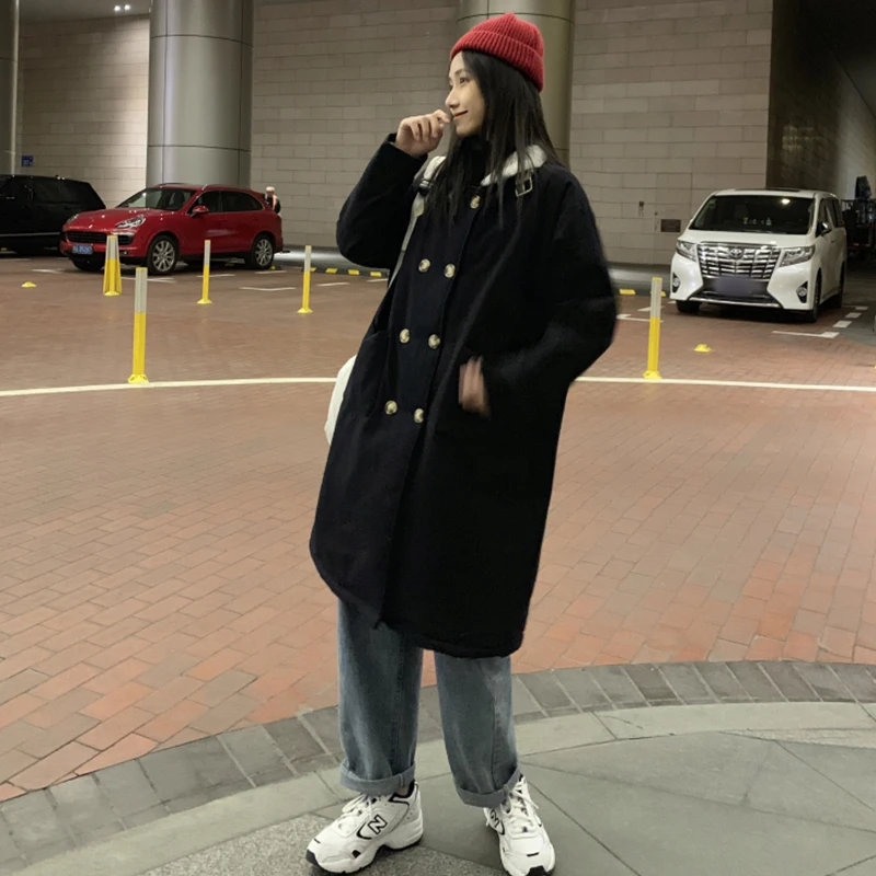 Harajuku, куртка из овечьей шерсти, женская мода, двубортный, с длинным рукавом, Термальный, хлопок, куртка для девушек, одноцветная, тонкая, мешковатая, для женщин