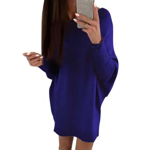 Navy Blue Женское осенне-зимнее платье с длинным рукавом и вырезом лодочкой размера плюс, свободный свитер, мини-платье, свободная туника, мешковатые платья для женской одежды - Color: Navy Blue