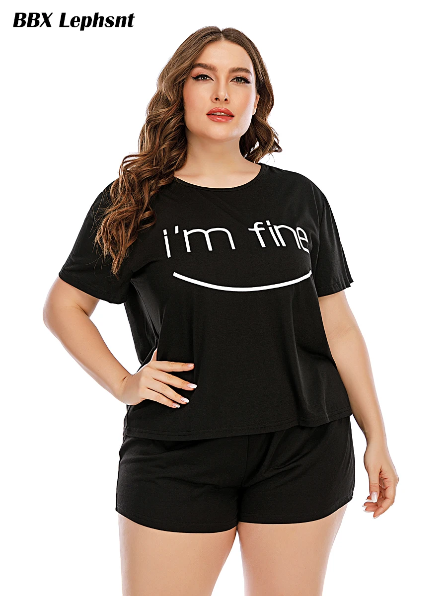 

Summer Women Casual Sleepwear Letter Print Short sleeves T-shirt Pyjamas Ladies Black Shorts Pajamas Set Plus size home suits