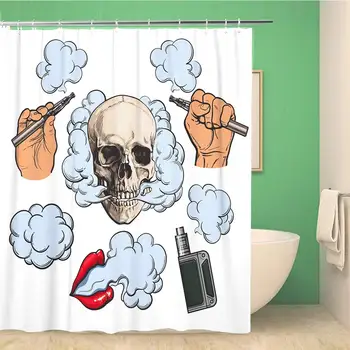 

Bathroom Shower Curtain Vaping Related Symbols Smoke Skull Vaporizer E Cigarette Sketch Polyester Fabric Waterproof Bath