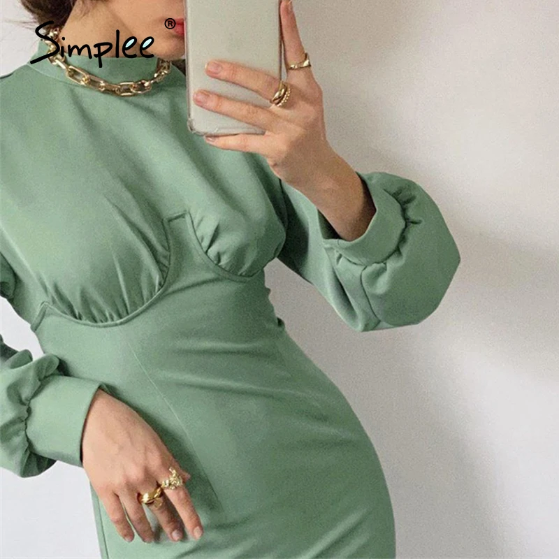 Simplee Palace style winter womens dress Elegant long sleeve high collar dress Retro High Waist casual womens dress 2020 new