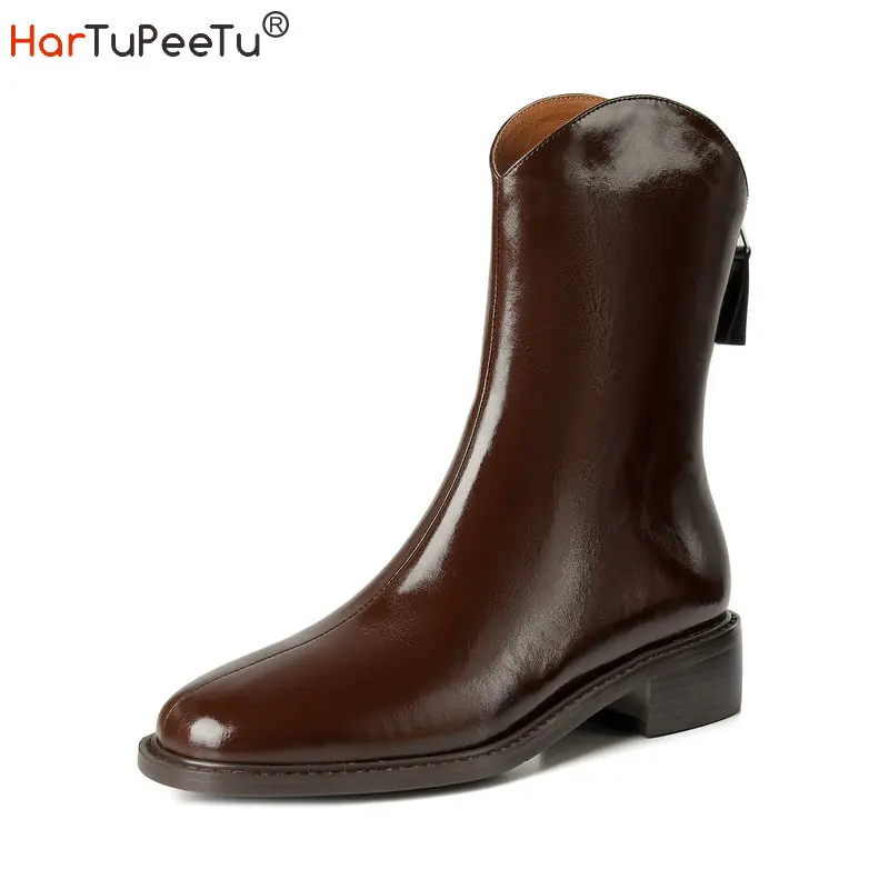 Women Winter Western Boots Flat Cow Leather Black Brown Ankle Booties Warm Wool Lining Cutout Stacked Low Heel Girls Snow Shoes | Обувь