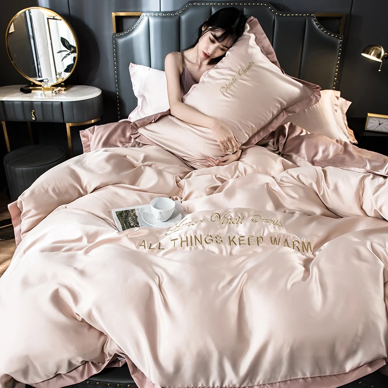 

Ice Silk Home Bedding Set Embroidery Duvet Cover Sheet Pillow Cases Four Pieces Palace Style B10