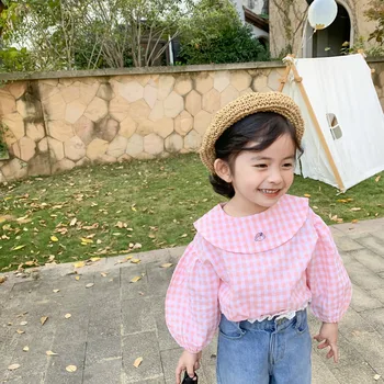 

Spring New Arrival Korean style cotton all-match sweet plaid casual long sleeve cartoon pattern shirt for cute sweet baby girls