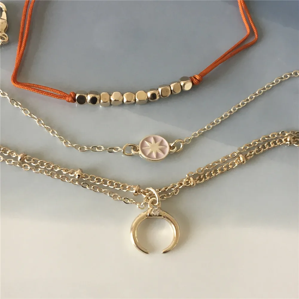 Trendy Gold Color Horn Cubic Bead Strand Natural Sea Shell Drop Layered Cord Chain Colorful Star Tassel Anklet Or Bracelet