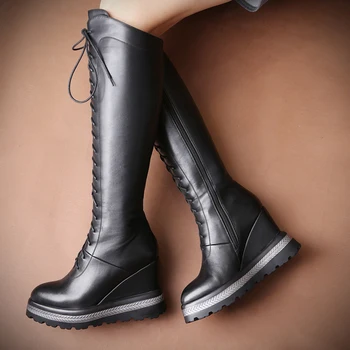 

KARINLUNA 2020 big size 42 Genuine Cow Leather Wedges High Heels Shoelace Knee High Boots Woman Shoes Platform Shoes Women Boots
