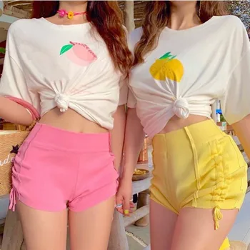 

Knitted Shorts For Women Summer Sexy High Waist Hot Shorts Fashion Wild Solid Color Pleated Drawstring Shorts One Size