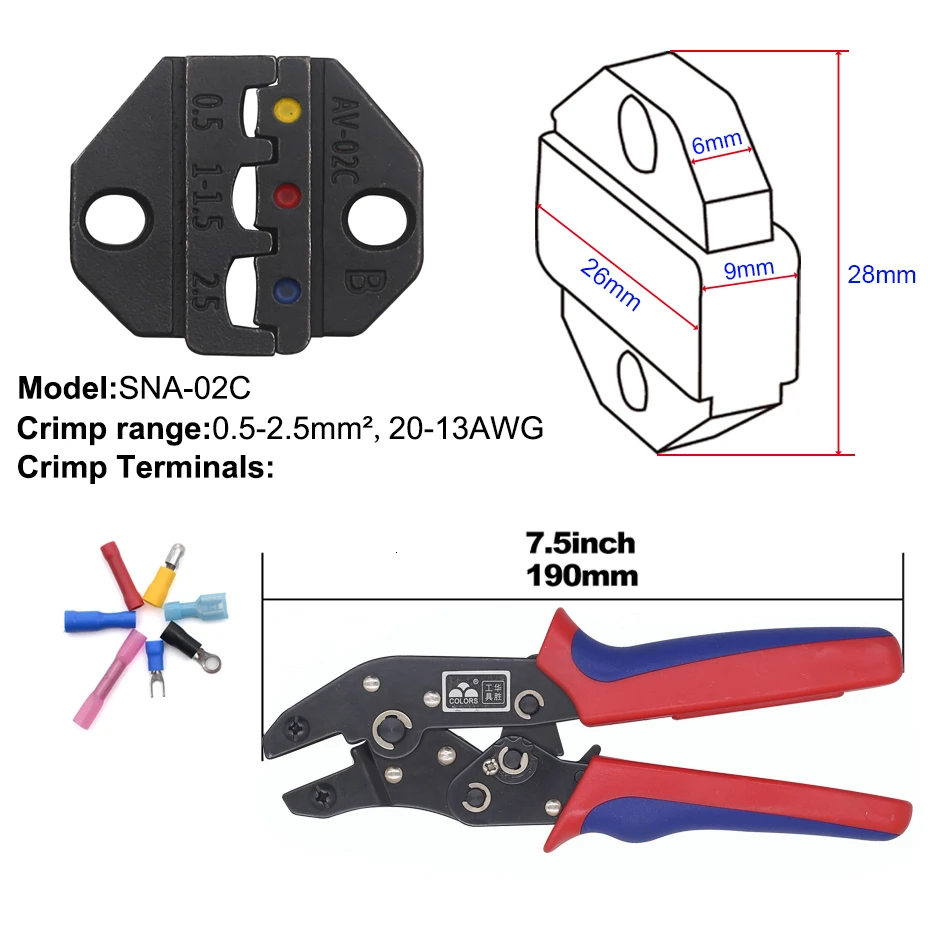 Изолированные клеммы щипцы и сменные штампы для термоусадочного разъема провода обжимные инструменты трещотка 7 дюймов SN-02C - Цвет: SNA-02C