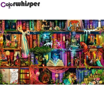 

Diamond Painting Full Square/Round Drill Book Bookshelf Cartoon 5D Daimond Painting Cross Stitch Picure Painting Wall Art 056QW
