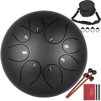 

Steel Tongue Drum Pad 10 Inch Black D Major 8 Notes Clapper Gold Tone Bundle and Hammer