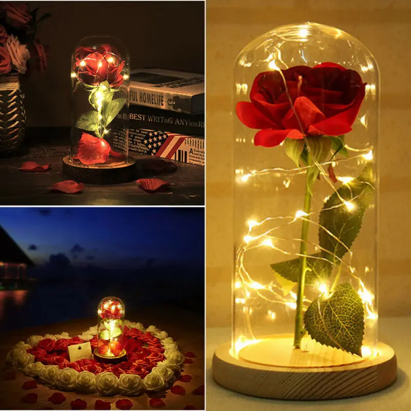 

1pc Beautiful Eternal Rose LED Light Beauty And The Beast Rose In Glass Dome For Valentine's Day Mother's Or Christmas Day Gift