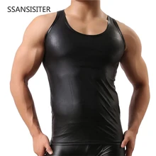 Сексуальная мужская майка черные из искусственной кожи без рукавов майки сценическое шоу уличные футболки нижнее белье гей футболки Плюс Размер 3XL