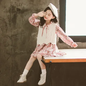 

Flower Print Dress +Knitted Vest Children Two Piece Suits Sweet Teenager Clothing Set Baby Girls Dresses Suit Kids Tracksuit
